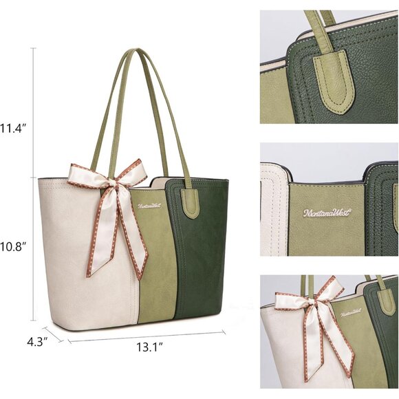Women Beige With Green Imported Vegan Leather Medium Top Handle Satchel Tote Bag - Picture 4 of 6